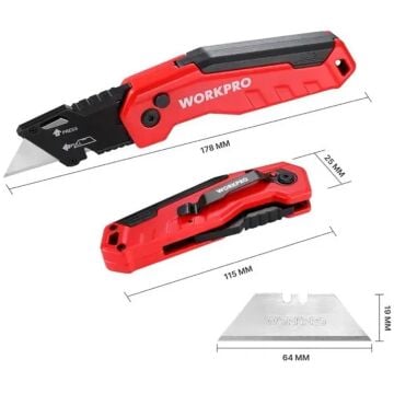 WORKPRO WP211026 Katlanır Çok Amaçlı Profesyonel Rötuş Maket Bıçağı + 14 Adet Yedek Bıçak