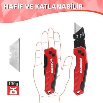 WORKPRO WP211026 Katlanır Çok Amaçlı Profesyonel Rötuş Maket Bıçağı + 14 Adet Yedek Bıçak
