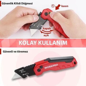 WORKPRO WP211026 Katlanır Çok Amaçlı Profesyonel Rötuş Maket Bıçağı + 14 Adet Yedek Bıçak