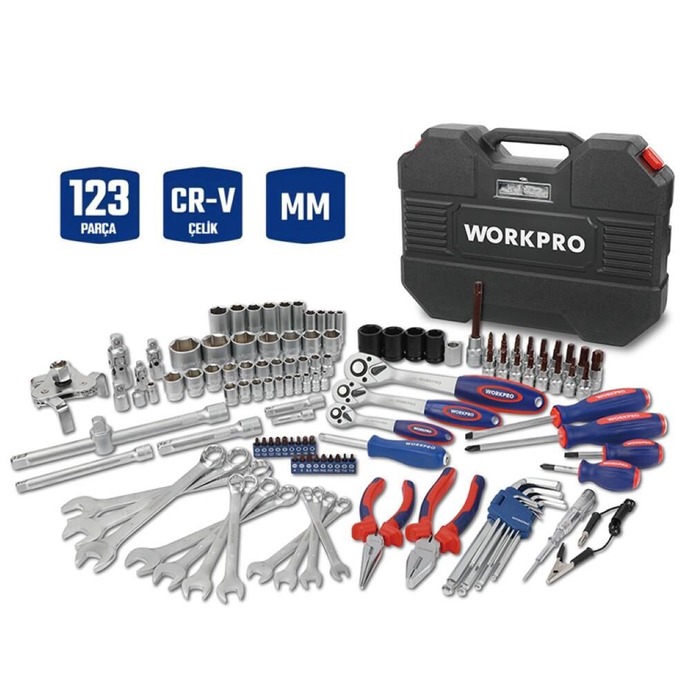 WORKPRO WP202533 1/4'’ 3/8’’ 1/2'’ 123 Parça Cr-V Metrik Ağır Hizmet Lokma ve Kombine Anahtar Takımı
