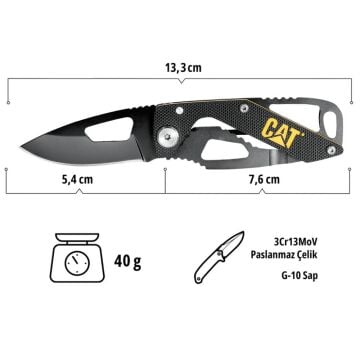 CAT DA980265 Kemer Askı Kancalı Katlanabilir 13CM Paslanmaz Çelik Siyah Kamp Çakısı