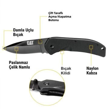 CAT DA980008 Kemer Askı Kancalı Katlanabilir 16CM Paslanmaz Çelik Siyah Kamp Çakısı Bıçağı