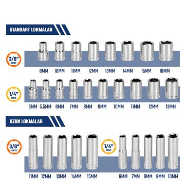 WORKPRO WP202524 1/4'’ 3/8’’ Metrik 75 Parça Cr-V Profesyonel Lokma Takımı