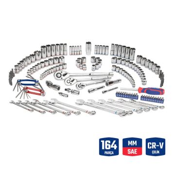 WORKPRO WP202530 1/4'’ 3/8’’ 1/2'’ Metrik/İnç 164 Parça Cr-V Ağır Hizmet Lokma ve Kombine Anahtar Takımı