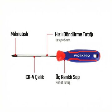WORKPRO WP221037 PZ2x100mm CR-V Manyetik Profesyonel Yıldız Tornavida