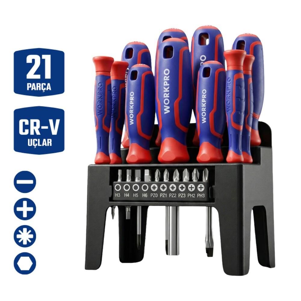 WORKPRO WP200551 21 Parça CR-V Duvar Askı Aparatlı Profesyonel Manyetik Tornavida Seti