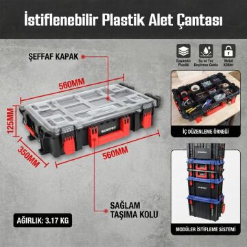WORKPRO WP283029 24Lt 12 Gözlü Şeffaf Kapaklı İstiflenebilir 56x35x12,5cm Profesyonel Organizer Takım Çantası